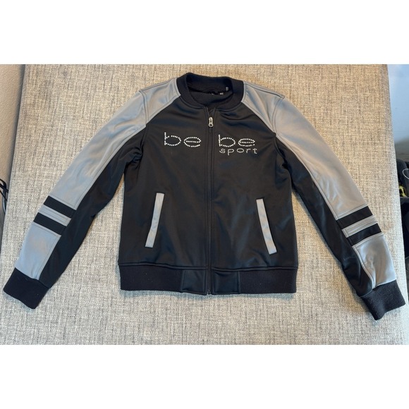 bebe Jackets & Blazers - Bebe Jacket Womens Small Black Gray Sport Full Zip Bomber Fleece Activewear Lady